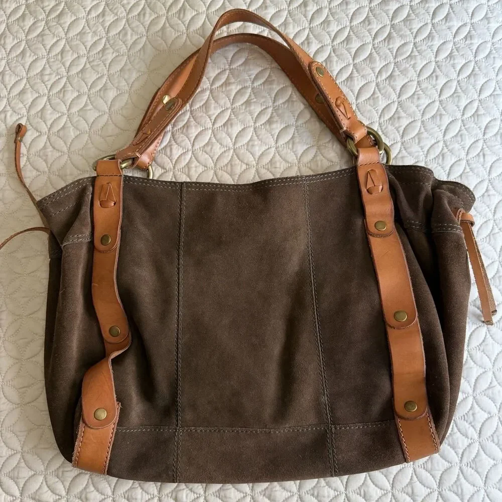 VTG Lucky Brand Brown Suede Hobo Shoulder Handbag Satchel Tan Straps
